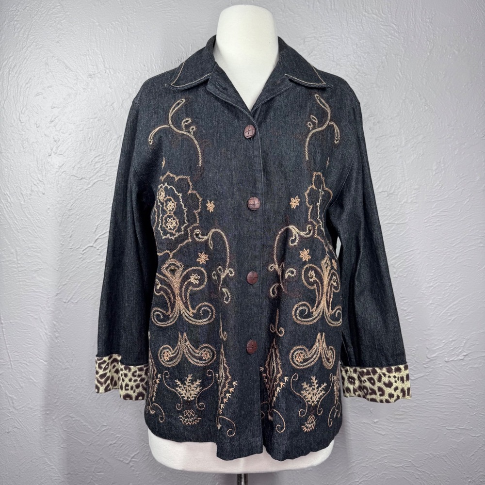Stonebridge Women's Med Dark wash button jacket brown embroidery Bohomian